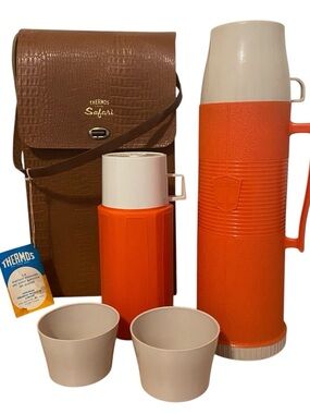 Rare Vintage Thermos Safari Carrying Case 2 Orange thermos containers and cups